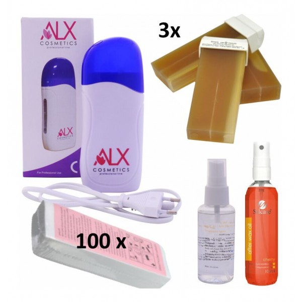 ALX Hair Removal Kit with device, 4 roll-on, 100 strips, oil and pre wax spray